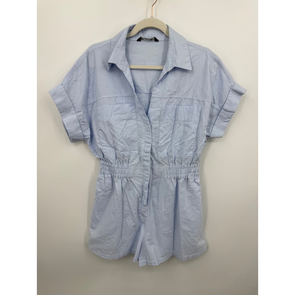 ZARA Elastic Waist Romper Women Large Light Blue Short Sleeve Collared Utility